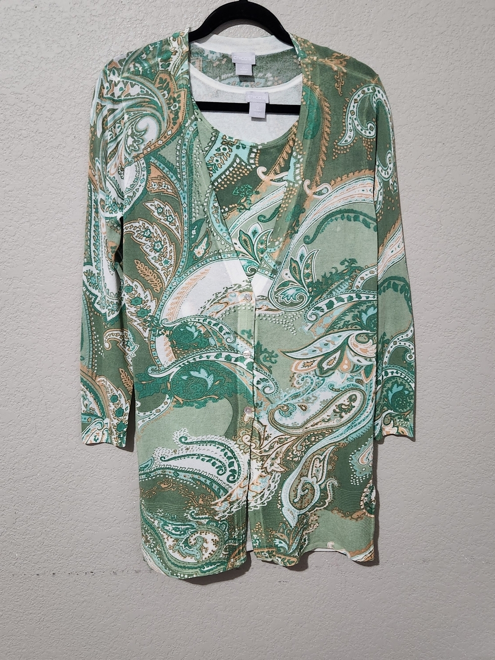Chico's Green Cream and Gold Paisley Cardigan And Top